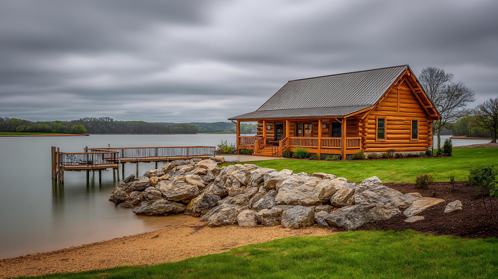 Cozy Lakeside Cabin with Dock and Dramatic Cloudy Sky. photo