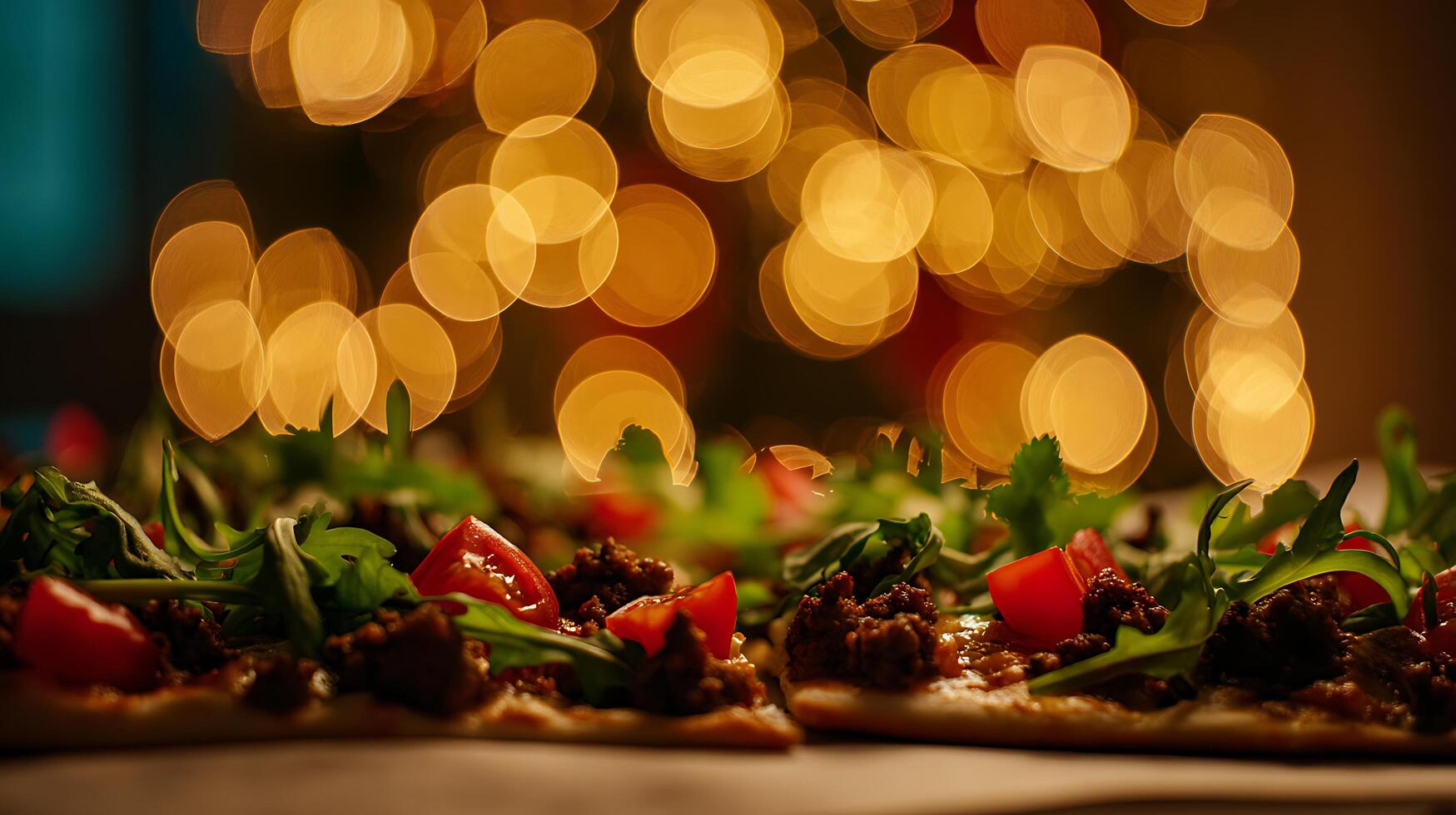 Delicious Savory Pizza with Fresh Toppings and Warm Bokeh Lights. photo