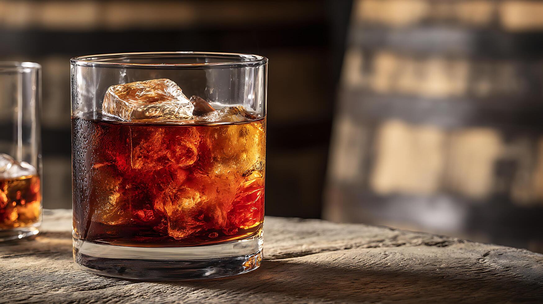 A Refreshing Drink with Ice Cubes on a Rustic Wooden Table. photo
