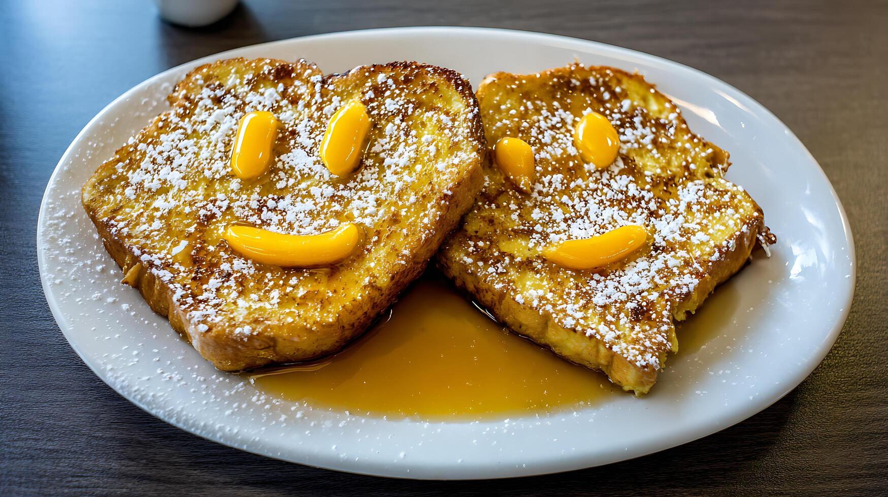 Smiling French Toast Delight with Syrup and Powdered Sugar. photo