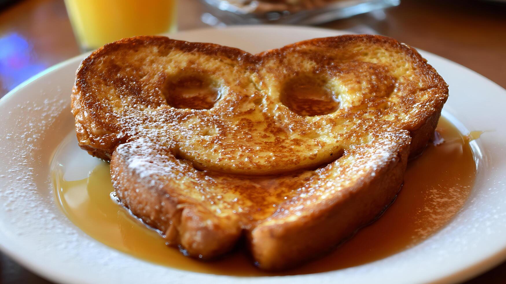 Delicious Breakfast French Toast Shaped Like a Smiley Face on a Plate. photo
