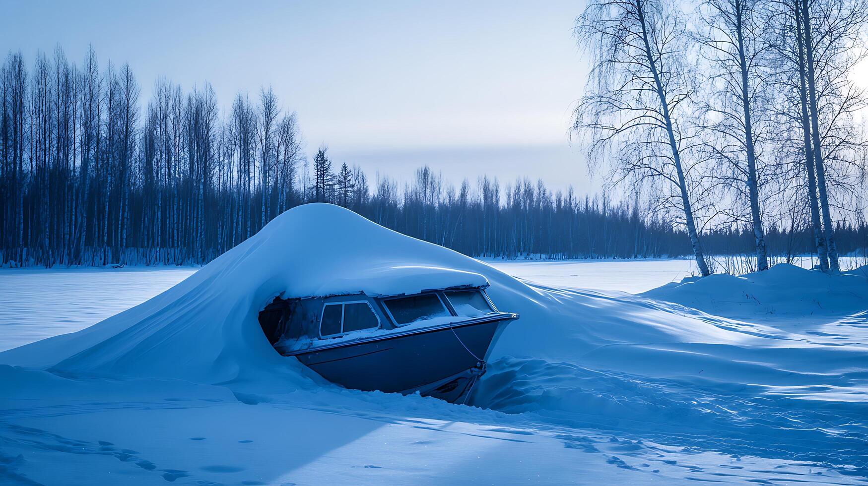 Abandoned boat sleeps under heavy snow during winter. photo