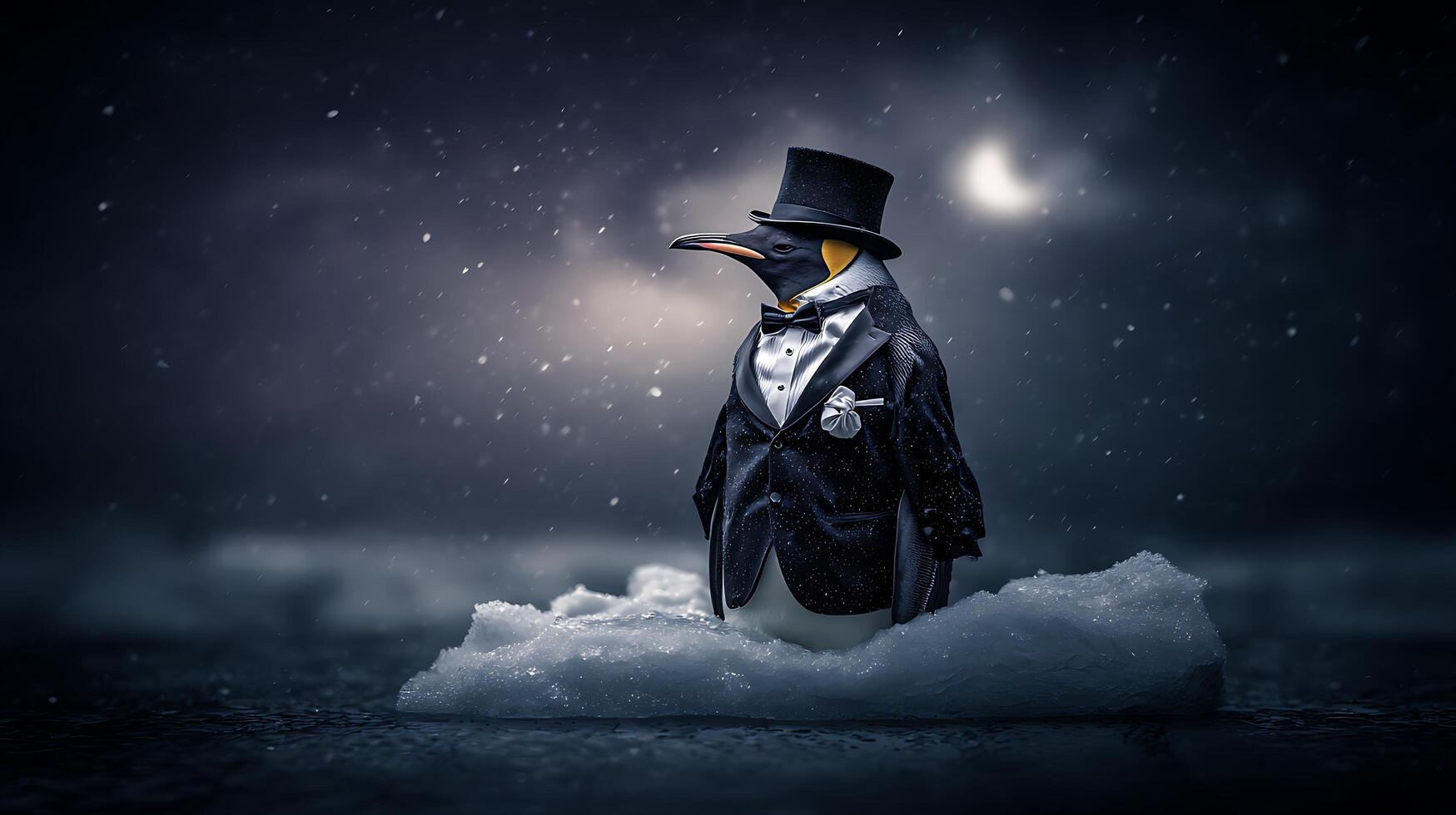 Dapper Penguin Stands Tall in Snowy Night Sky Scene. photo