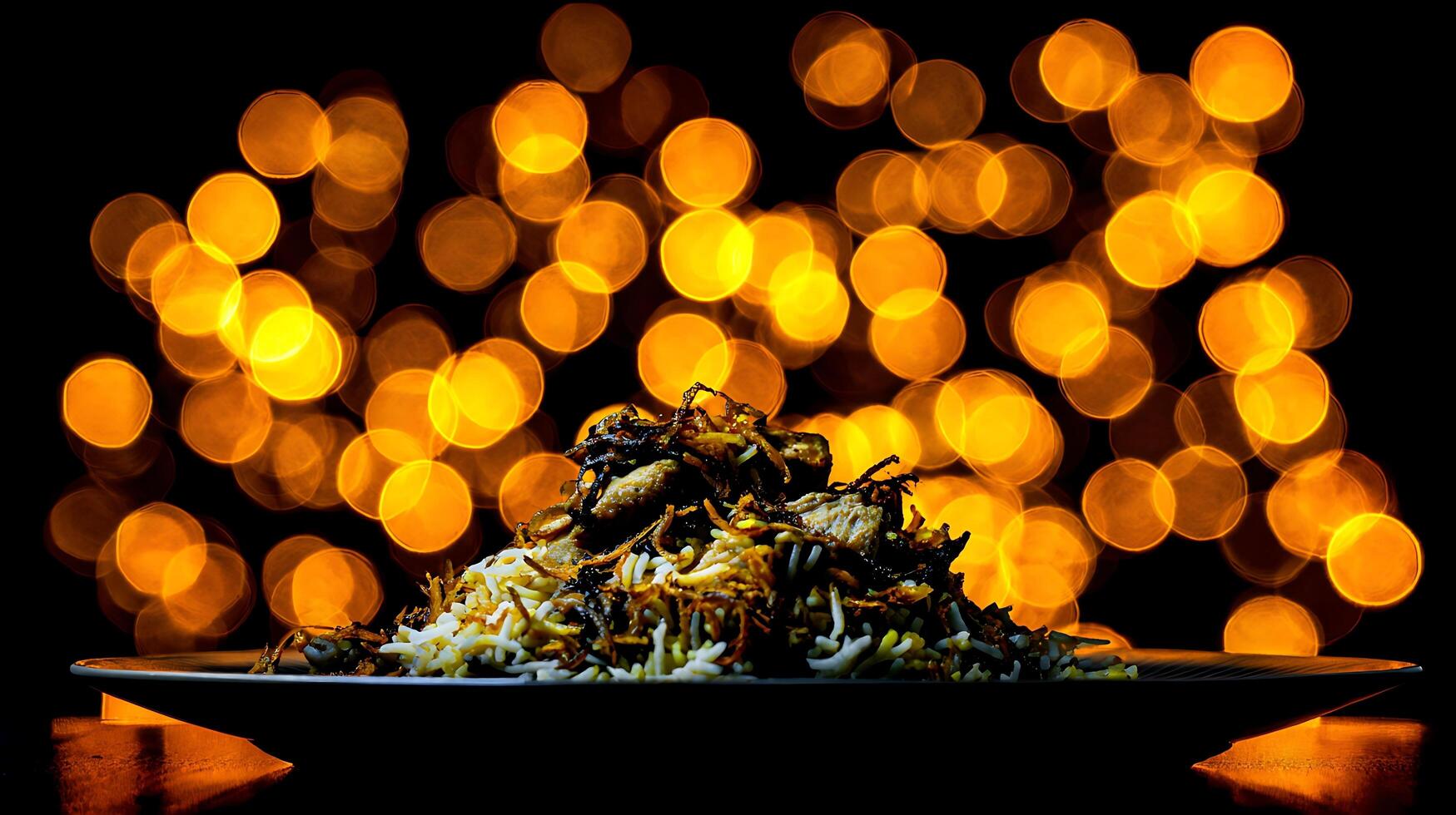 Aromatic Biryani Delight with Warm Bokeh Lights Background. photo
