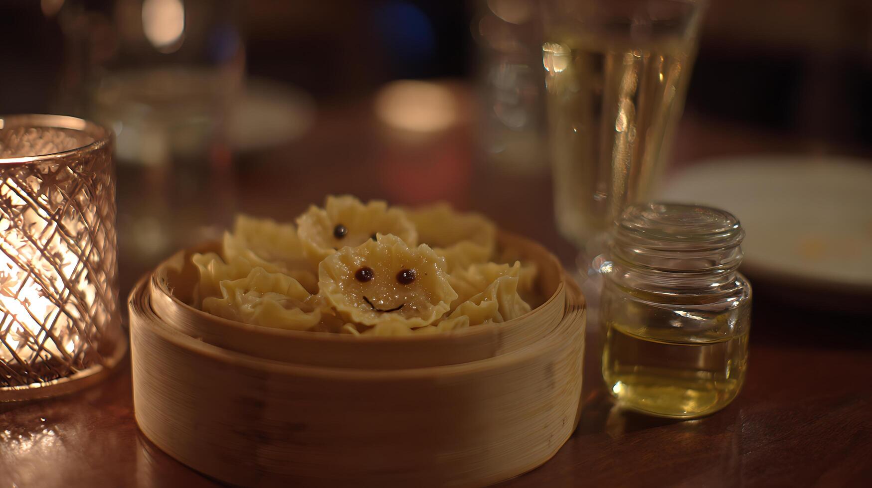 Adorable Dim Sum Faces Served in a Steaming Bamboo Basket. photo