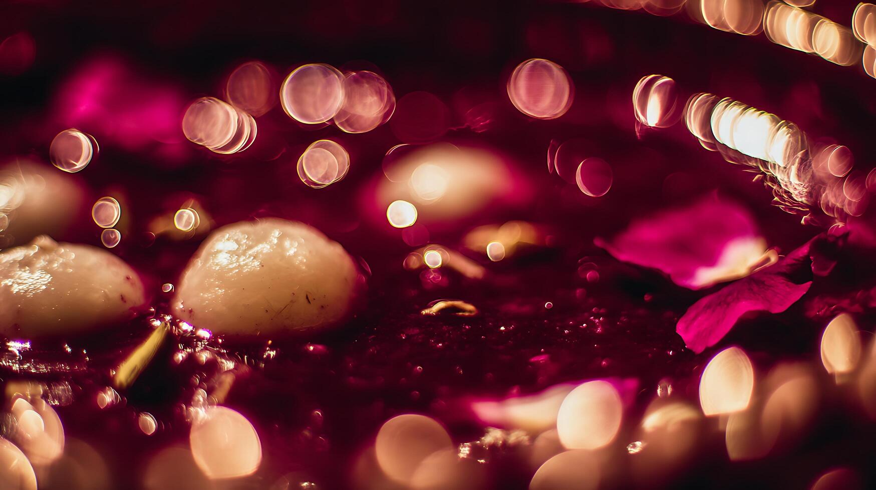 Shimmering Light Drops and Rose Petals on Dark Background. photo
