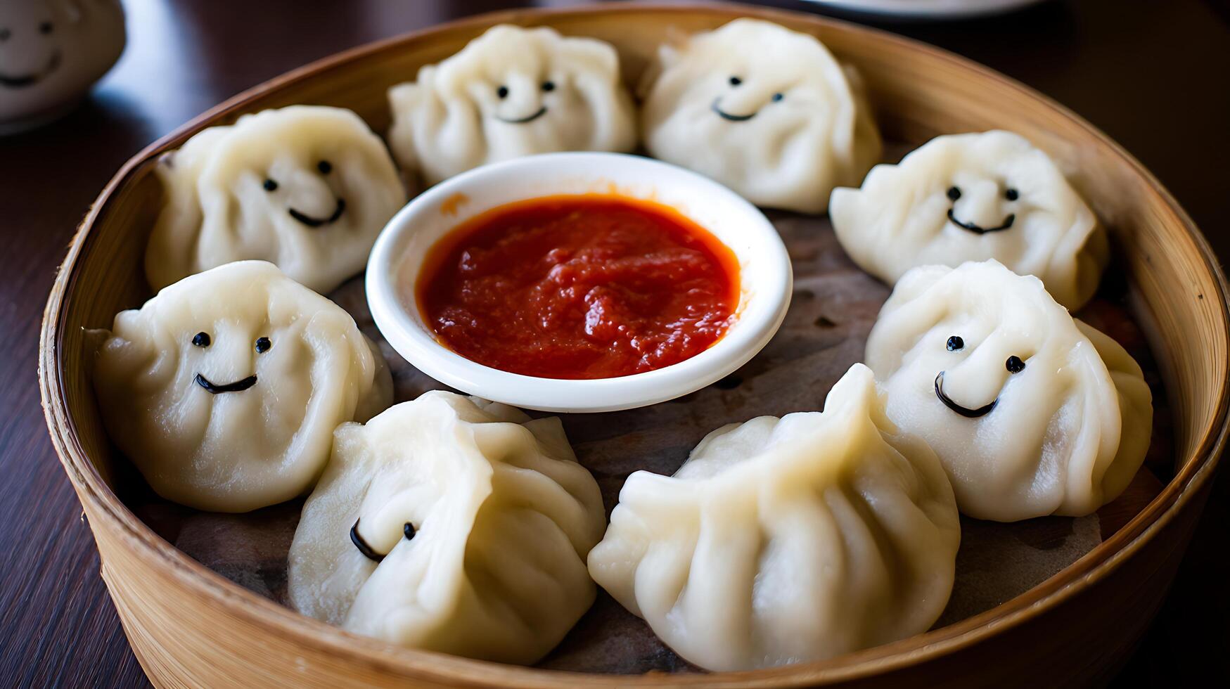 Fun Dumplings with Happy Faces and Delicious Dipping Sauce. photo