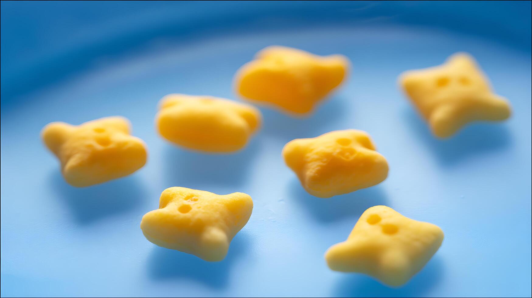 Cute yellow bear shaped snacks scattered on a blue surface. photo