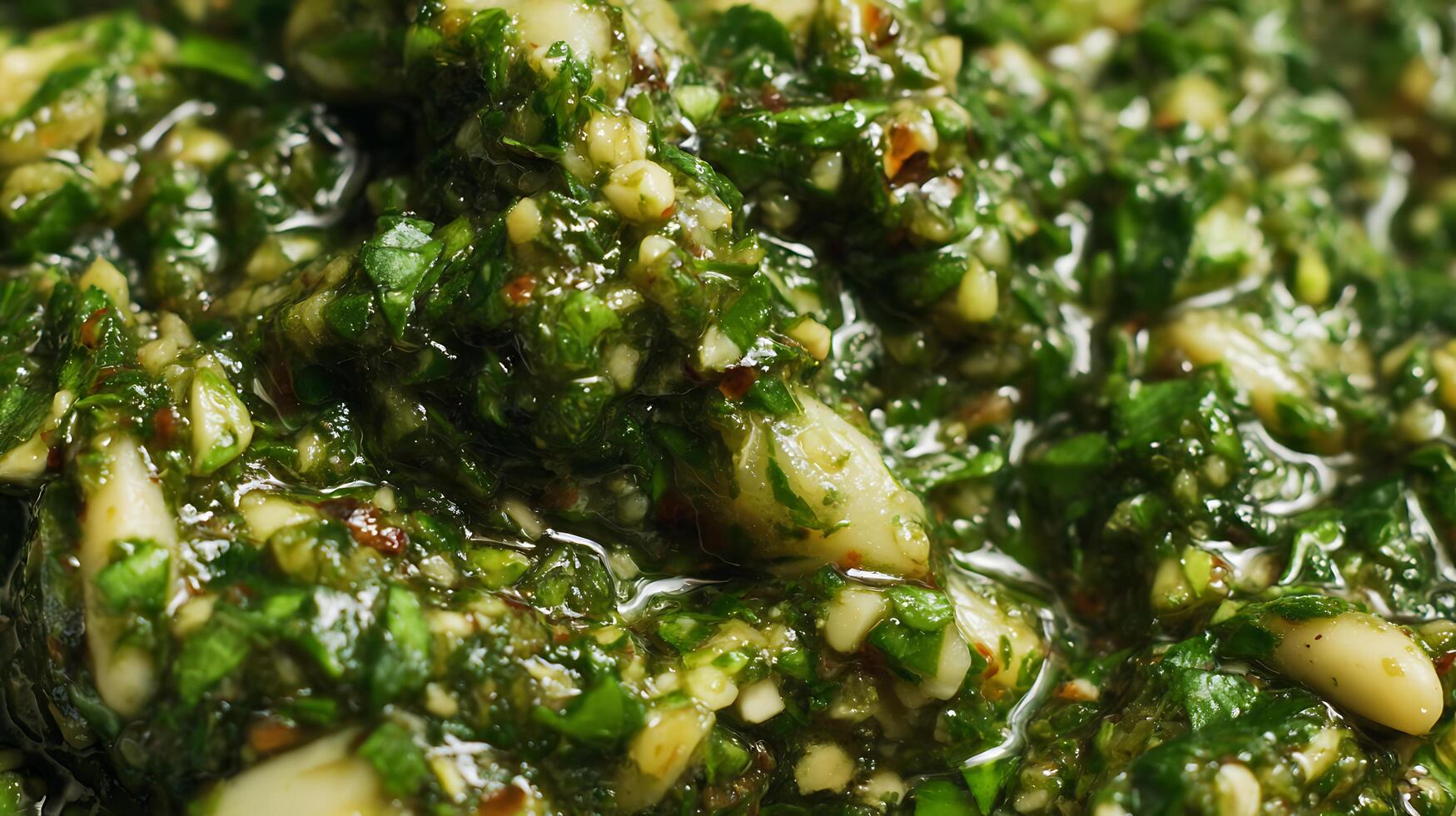 Fresh Green Herb and Garlic Sauce Close Up Macro Shot. photo