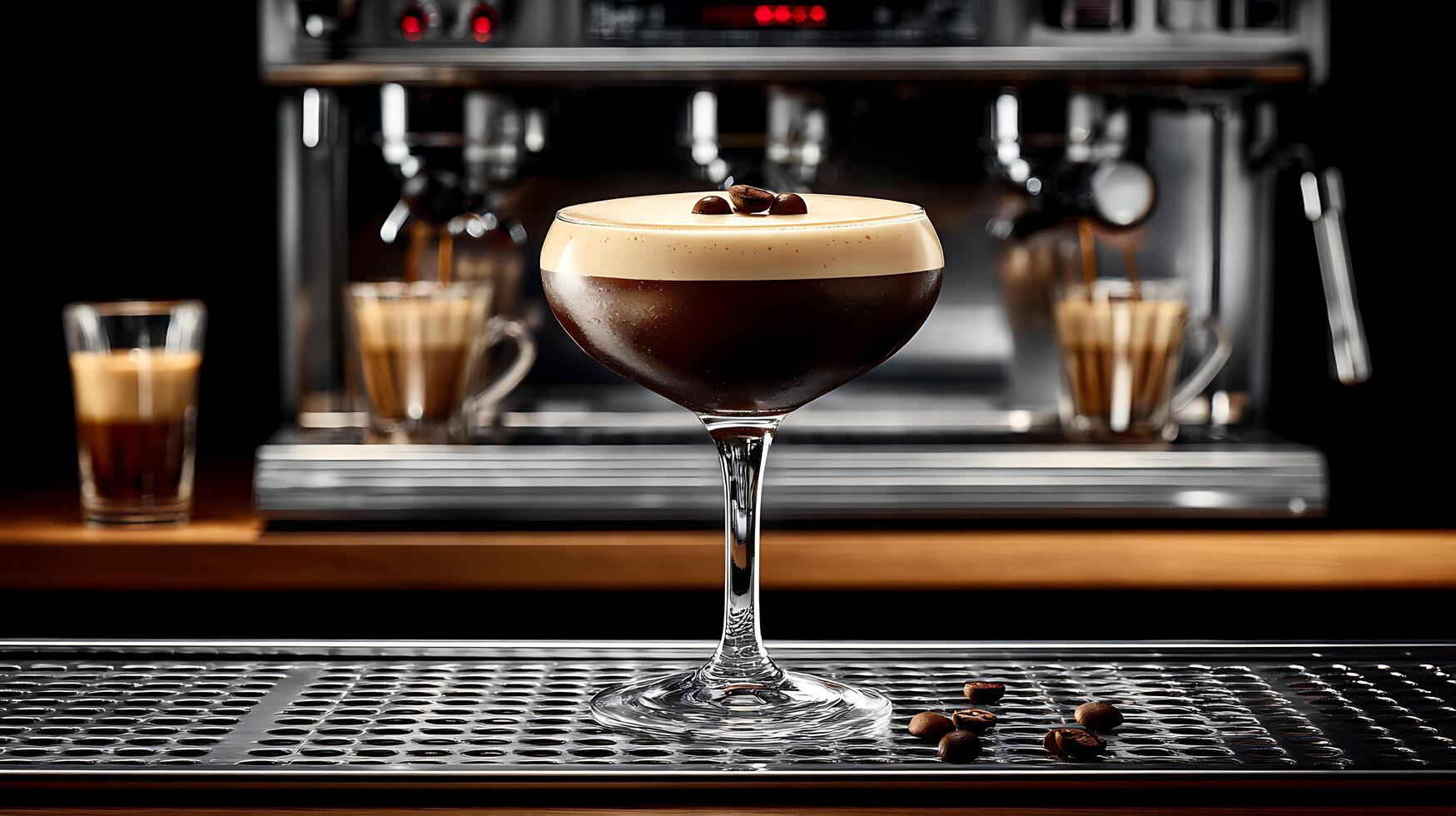 Elegant Espresso Martini with Coffee Beans and Machine Background. photo
