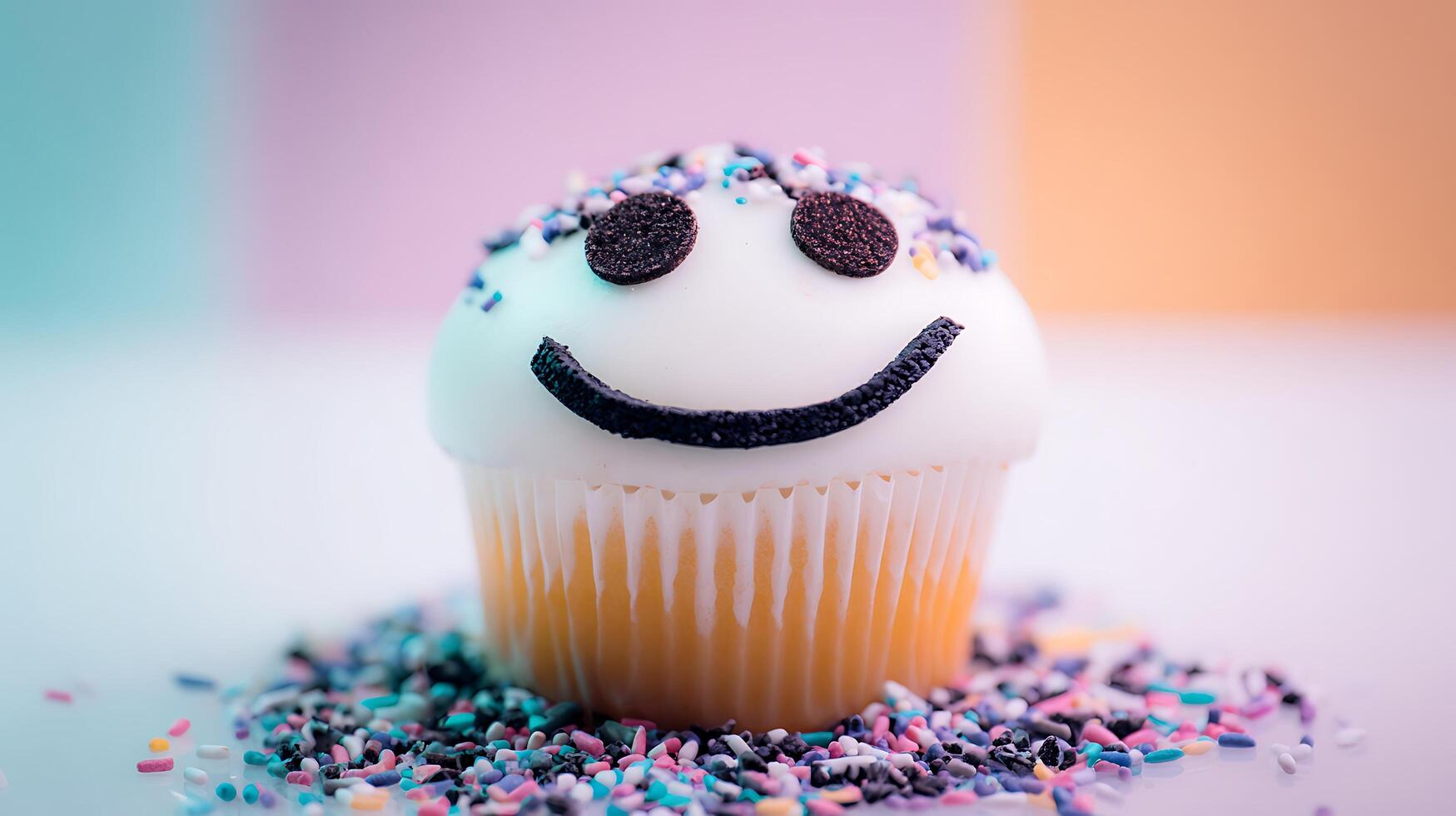 A Happy Little Cupcake Decorated with Sprinkles and a Smiley Face. photo