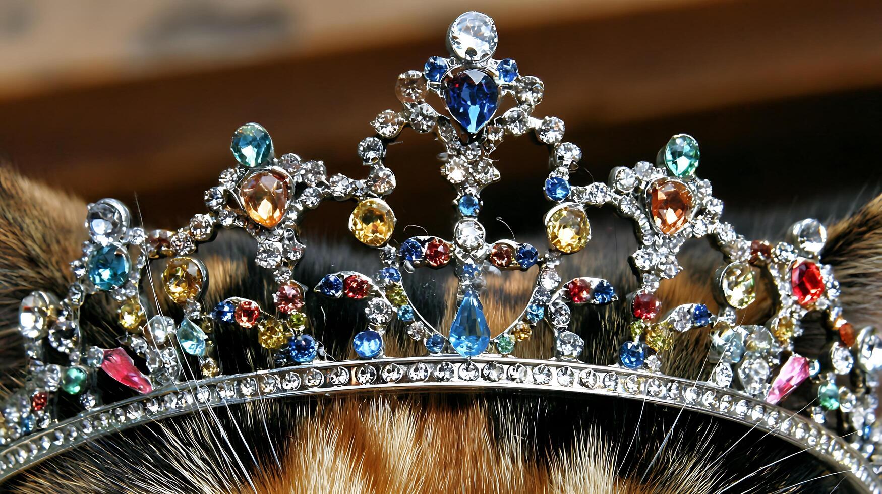 Sparkling Jewel Crown Adorned on Luxurious Fur Texture. photo