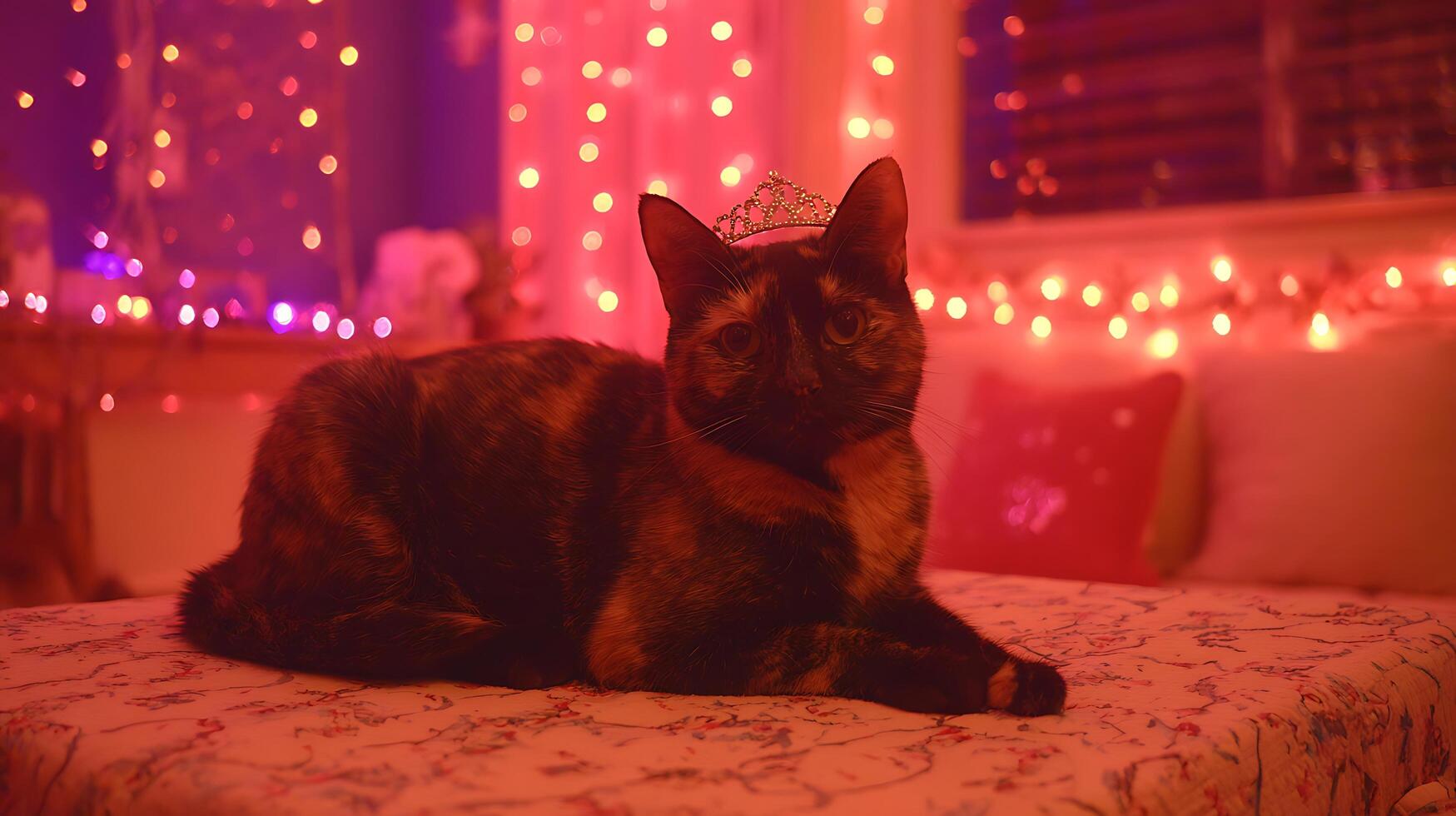 Majestic Cat Wearing a Crown Amidst Festive Bokeh Lights. photo
