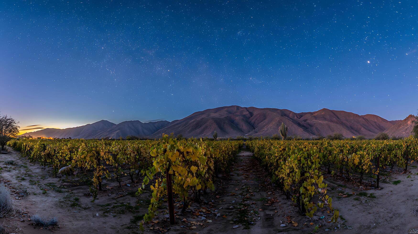 Vineyard at Twilight Under a Starry Night Sky with Mountains. photo