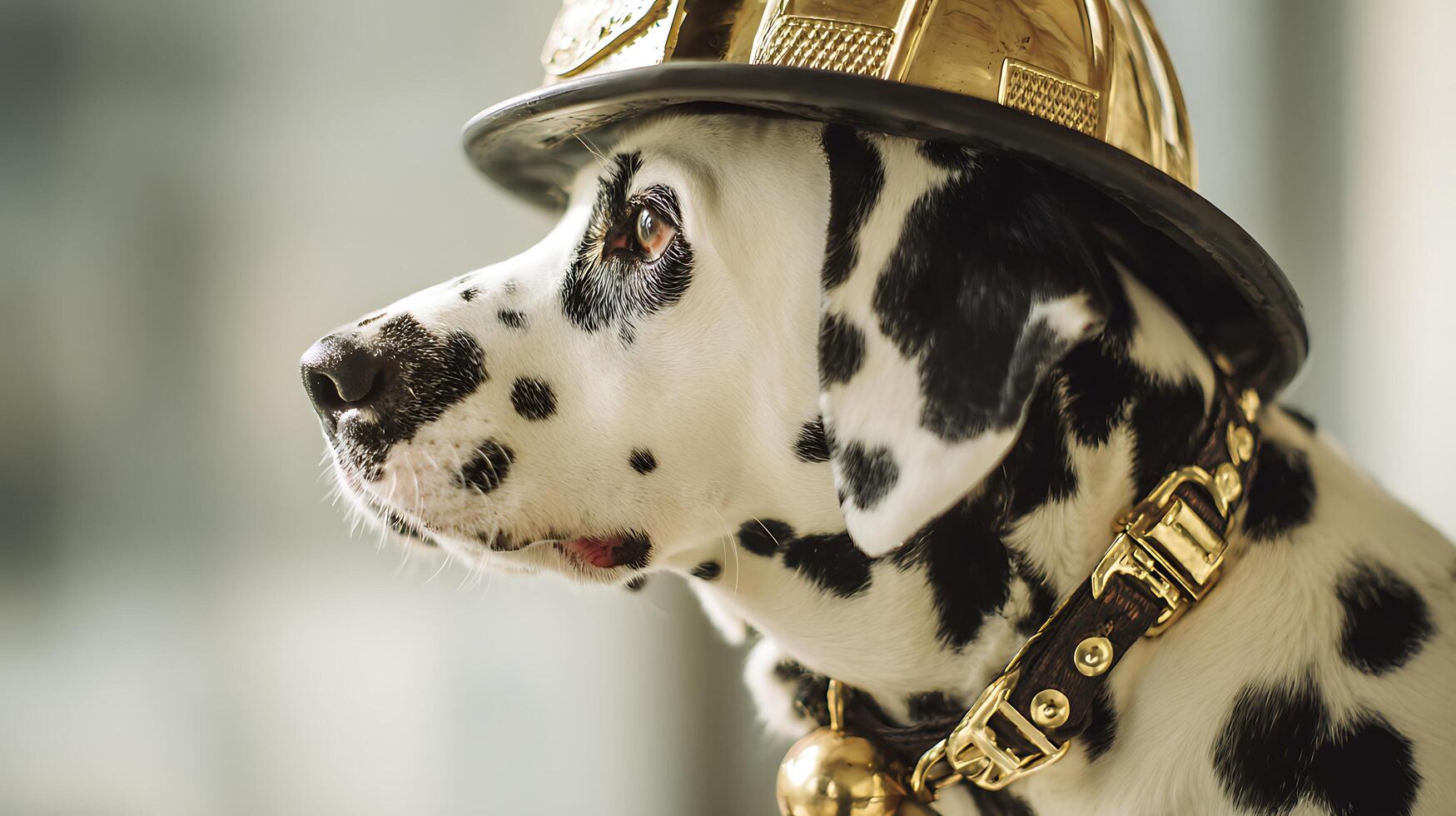 Dalmatian Dog Dressed as a Firefighter Ready for Duty. photo