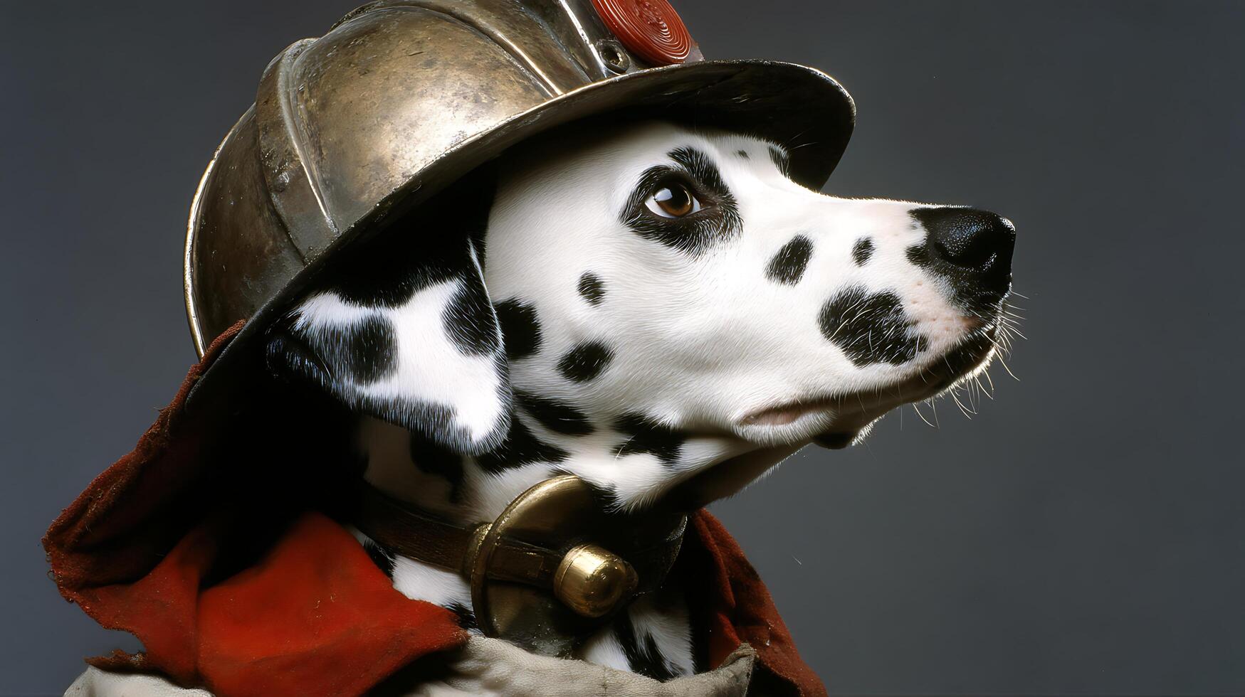 Dalmatian Dog Wears Antique Firefighter Helmet, Ready for Action. photo
