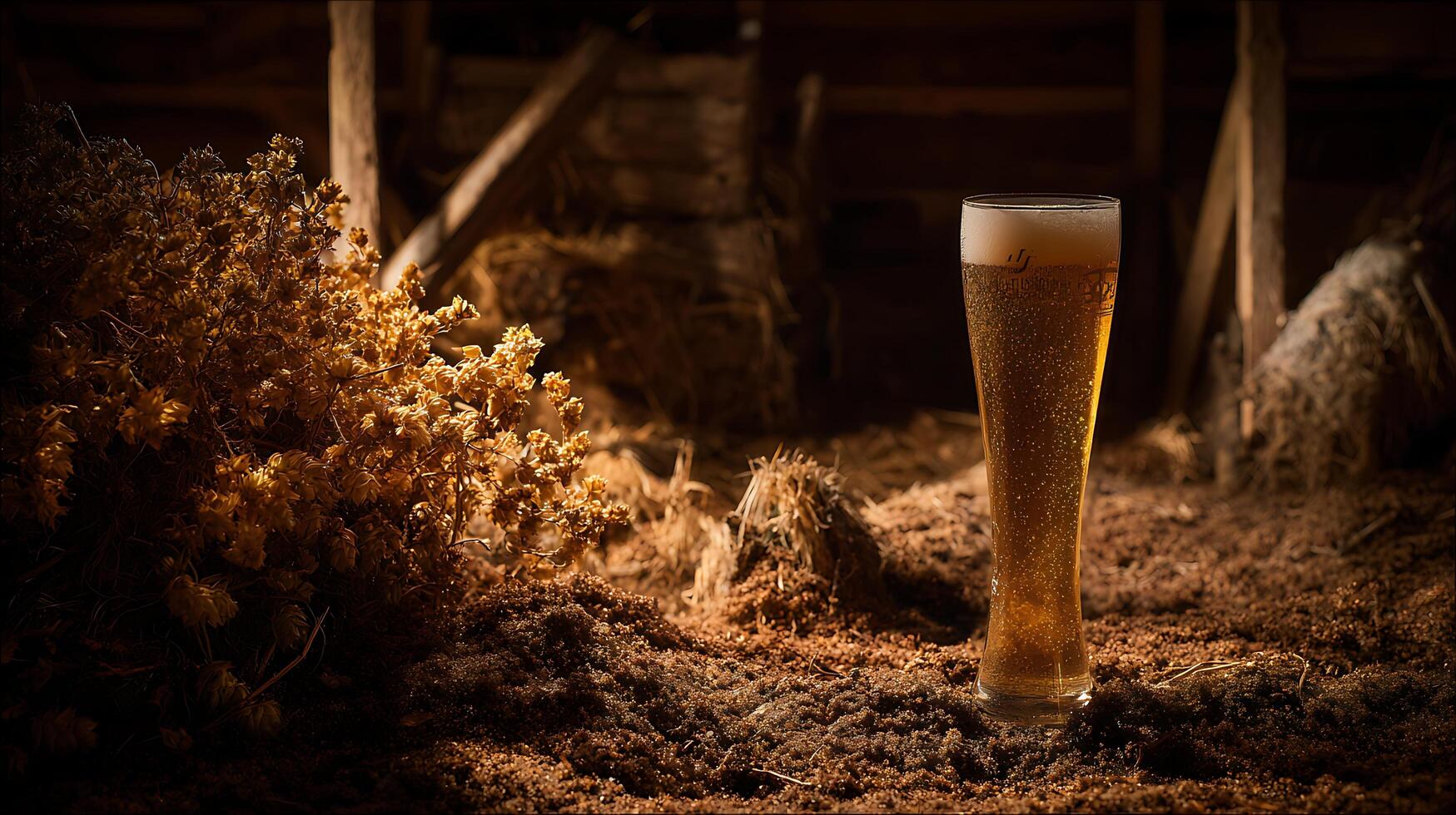 A Refreshing Glass of Beer with Hops in a Rustic Setting. photo