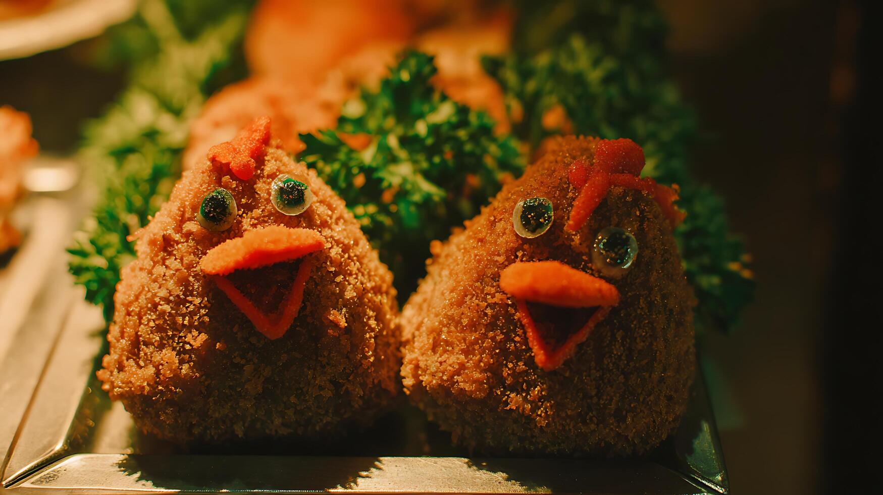 Cute Food Art Two Breaded Chicken Balls Shaped Like Smiling Chickens. photo
