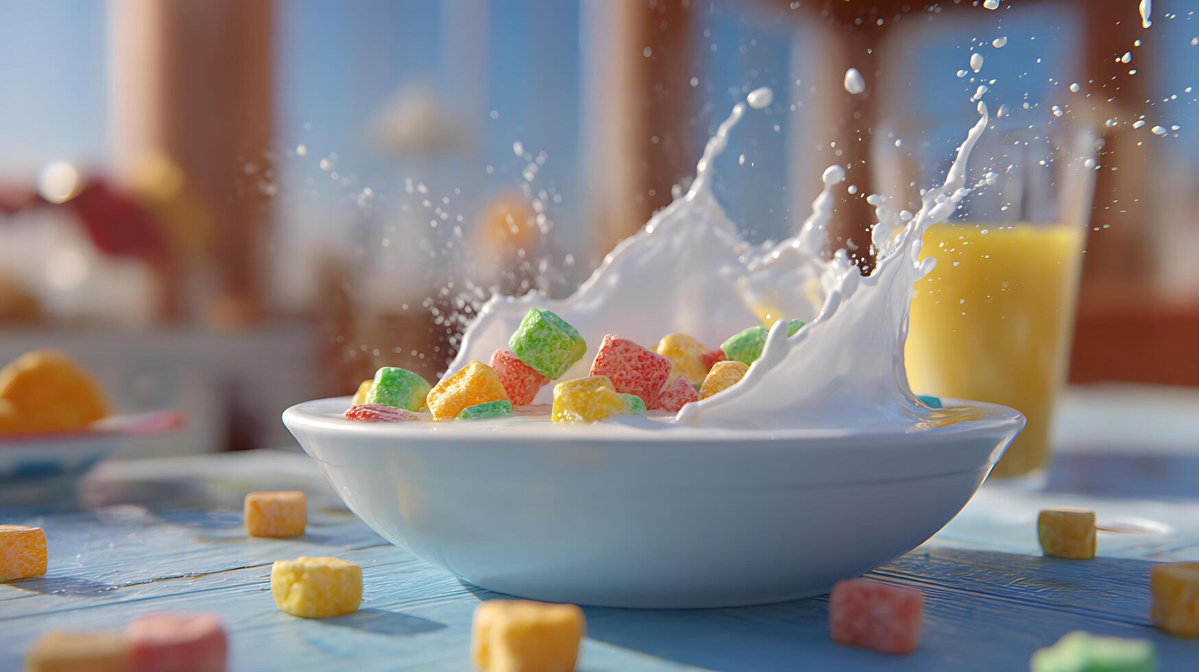 Colorful Cereal Splash with Milk and Orange Juice. photo