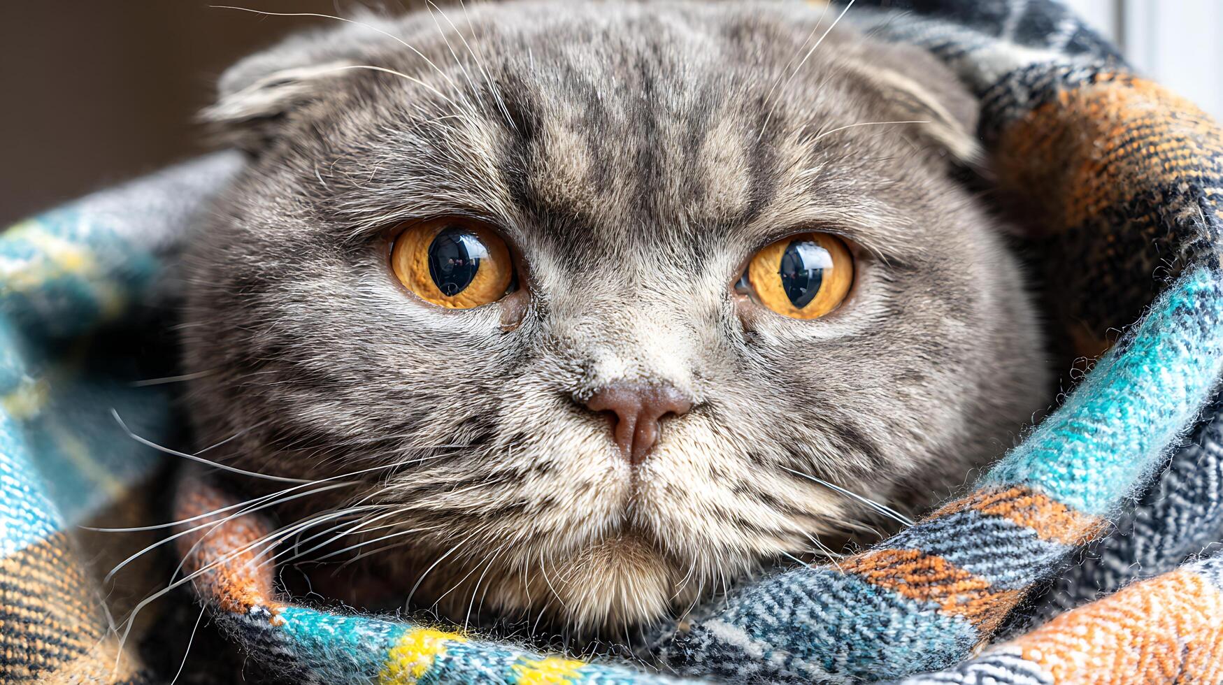 Close up of a cute cat wrapped in a cozy plaid blanket. photo