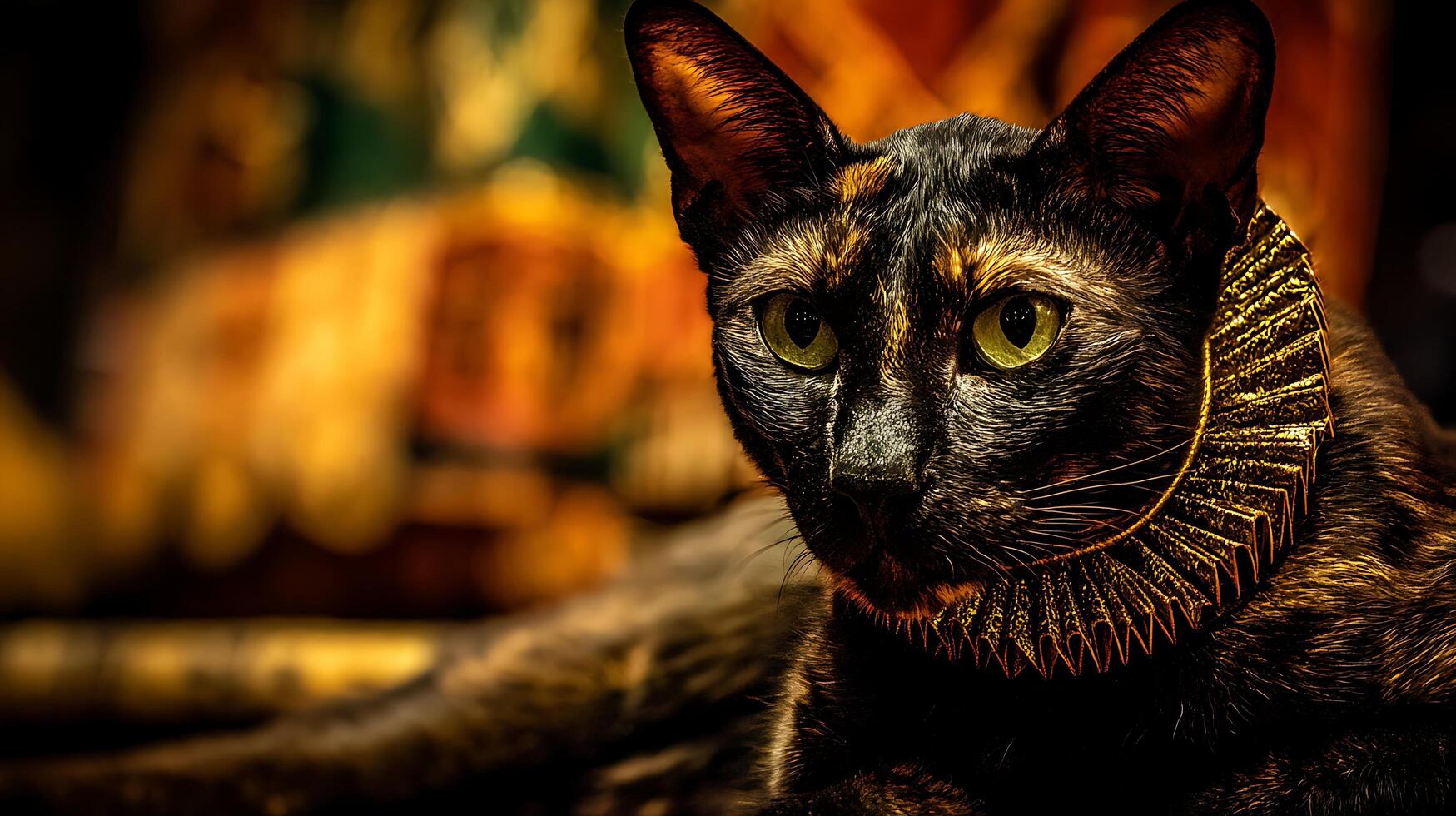 Elegant Tortoiseshell Cat With Golden Collar and Piercing Green Eyes. photo