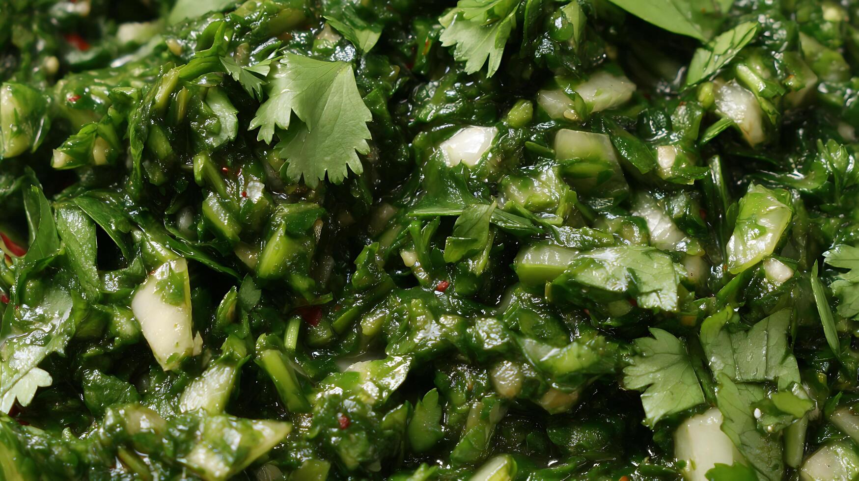 Fresh Green Chopped Herbs With Garlic and Chili. photo