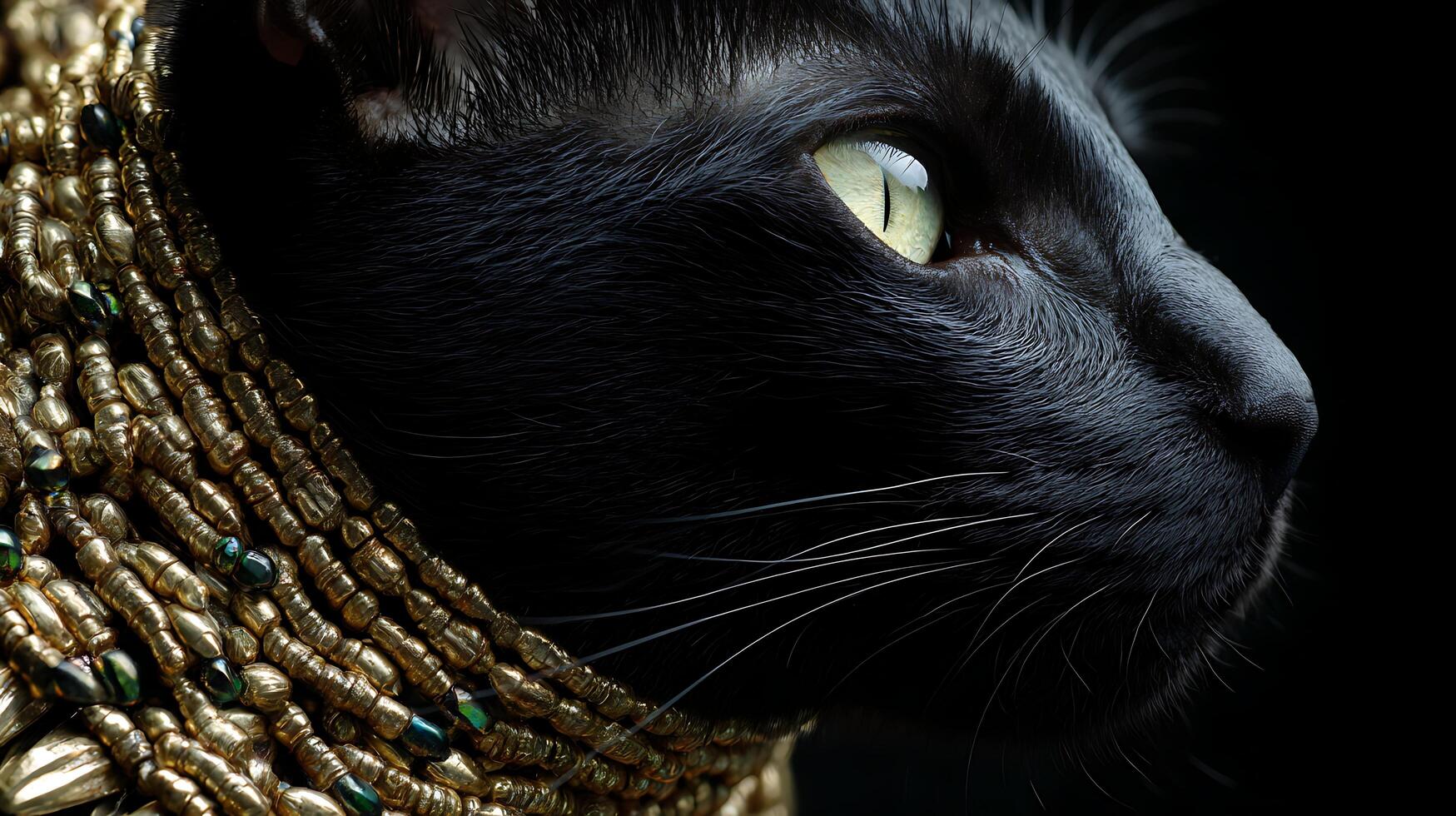Regal Black Cat with Ancient Egyptian Gold Collar and Emeralds. photo