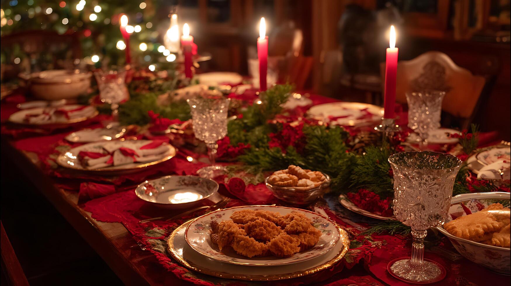 Cozy Christmas Dinner Table Setting with Candles and Festive Decor. photo