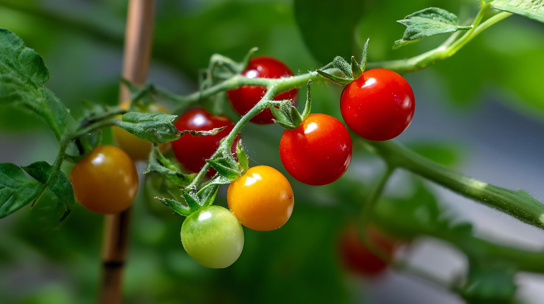 Ripe Cherry Tomatoes Growing on the Vine with Green Leaves. photo