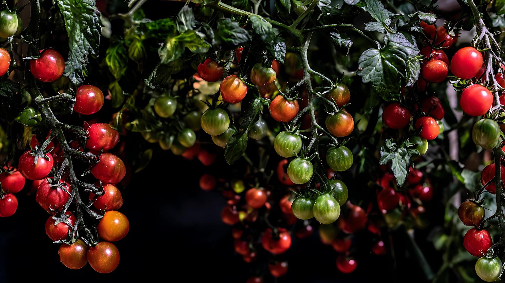 Ripe Red and Green Cherry Tomatoes on the Vine at Dusk. photo