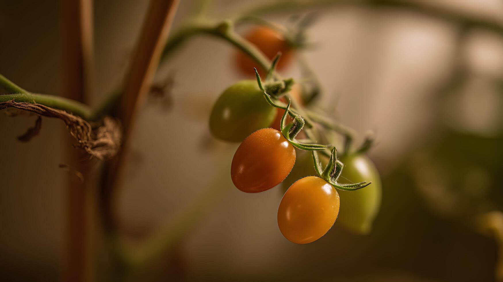 Close Up View Of Ripe Cherry Tomatoes Growing On The Vine. photo