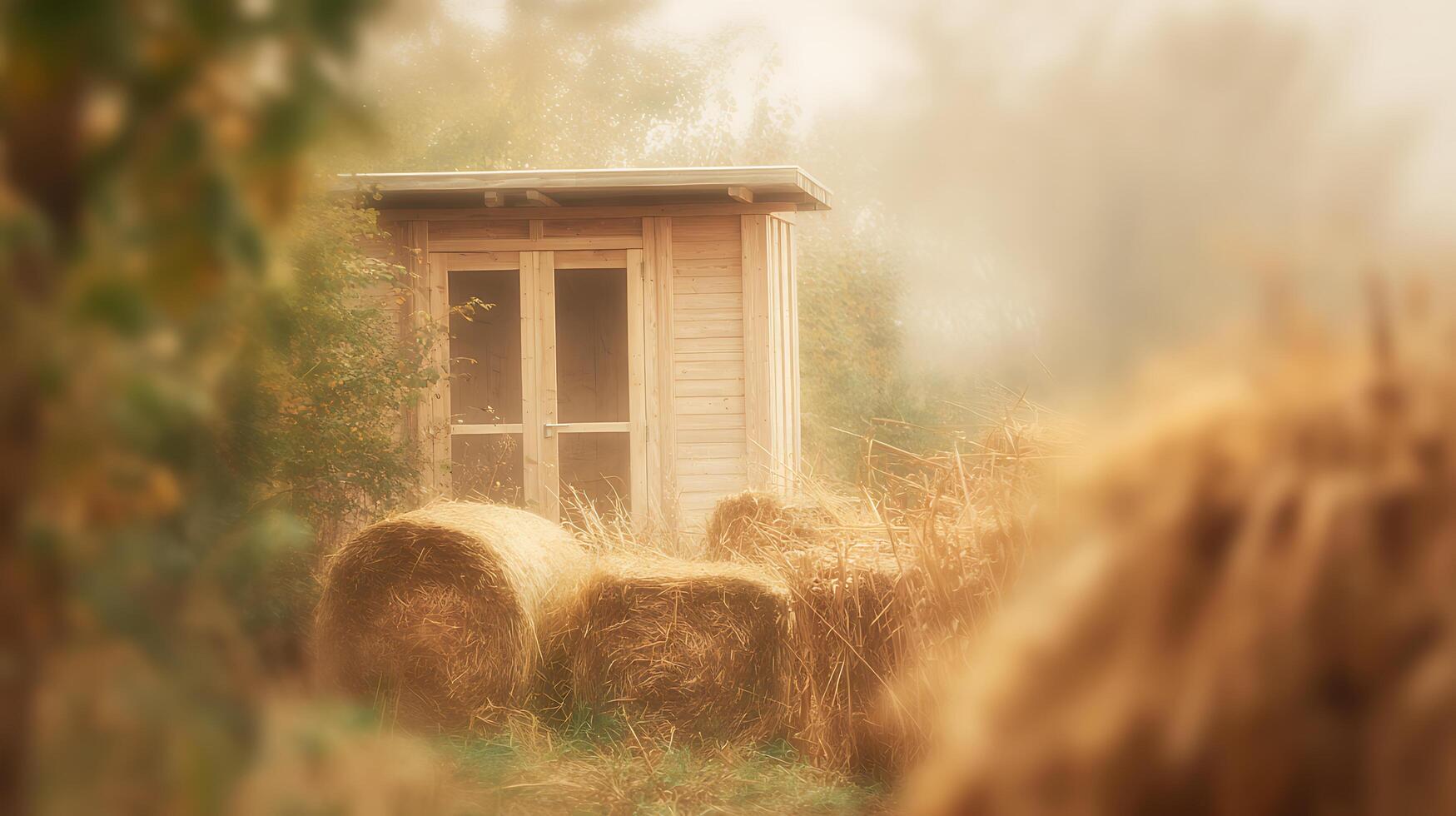 Rustic wooden shed with hay bales in soft, warm outdoor light. photo
