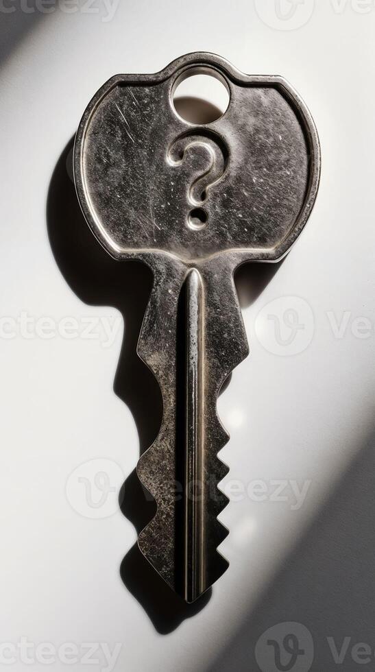 Metallic question mark key with shadow on white photo