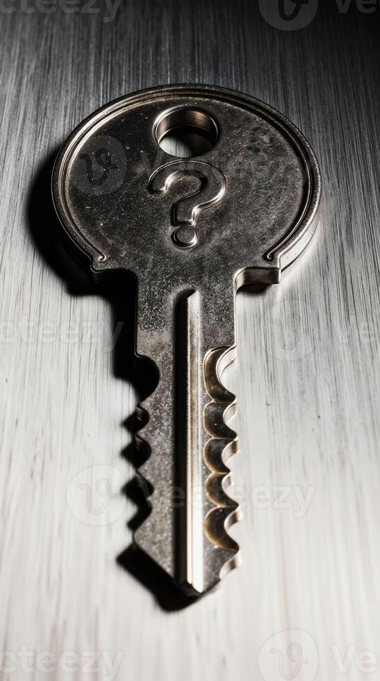 Metallic question mark key on textured white surface photo