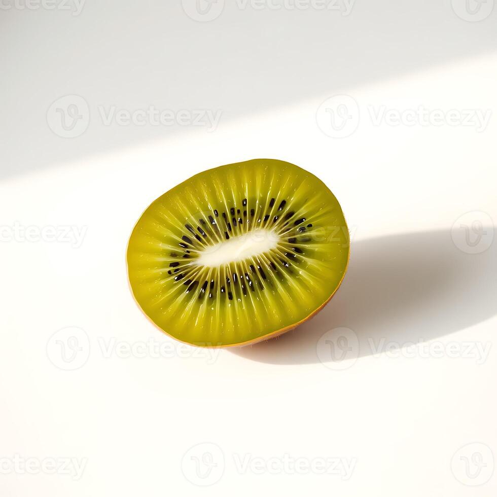One green kiwi placed on white background with bright soft shadows photo