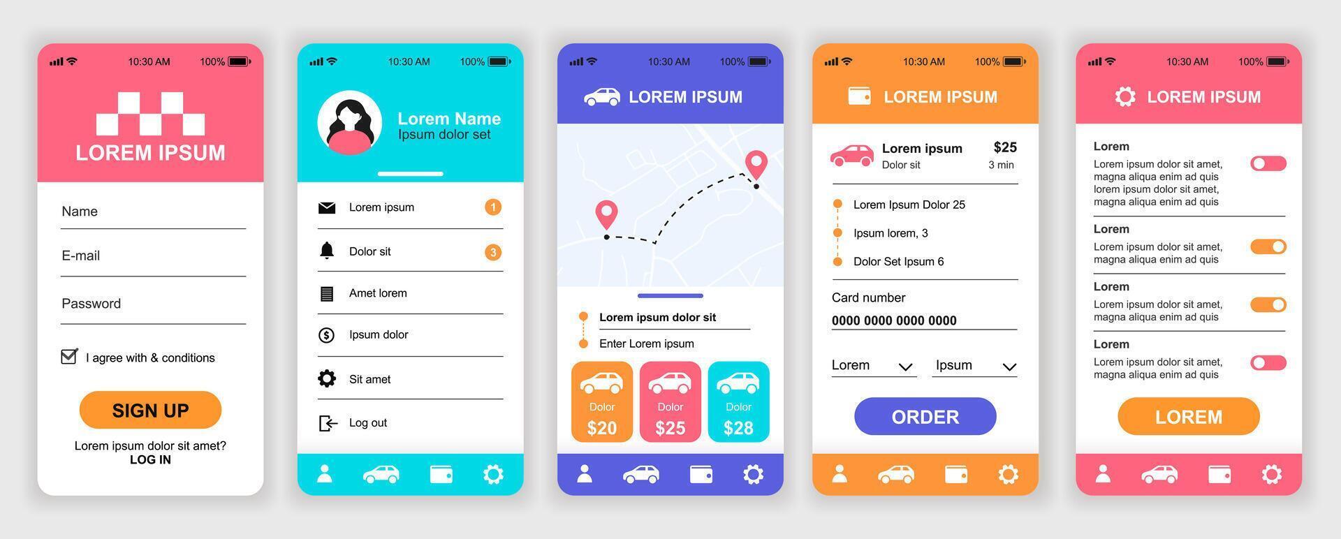Car service app user interface designs vector