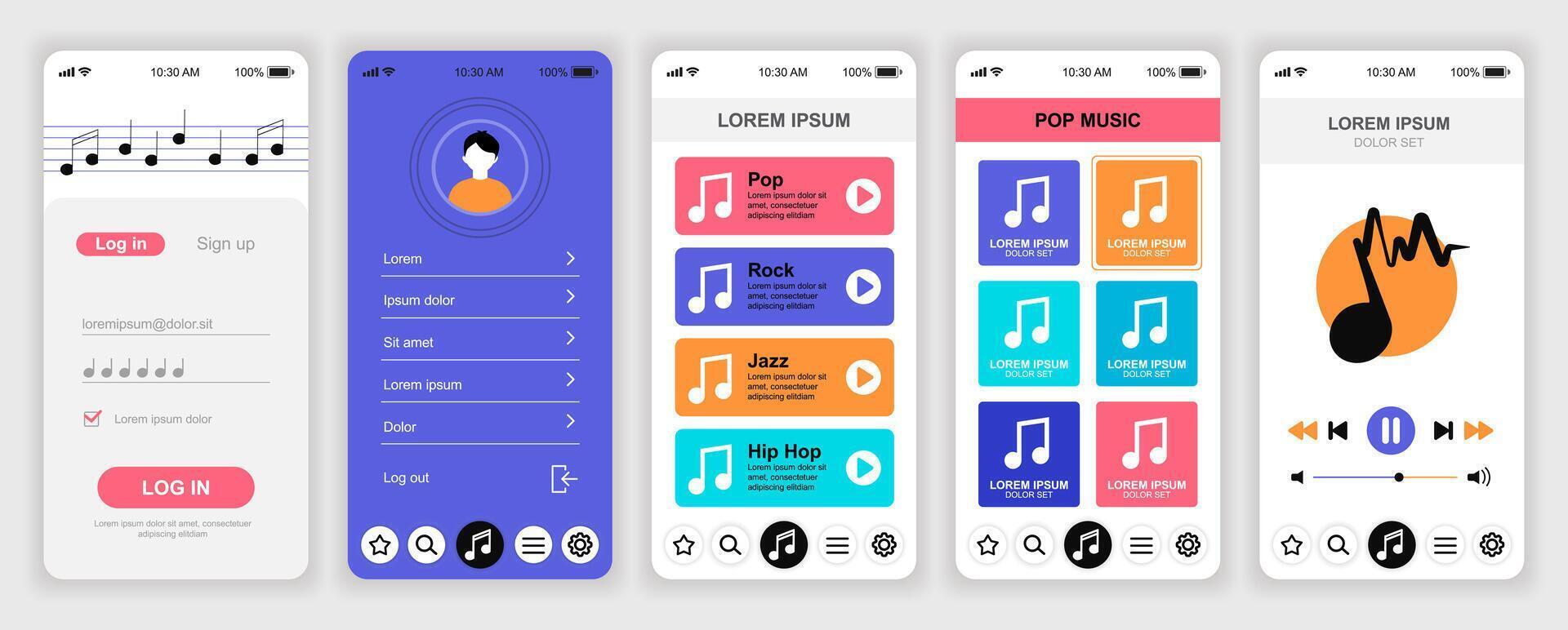 Mobile music app interface designs vector