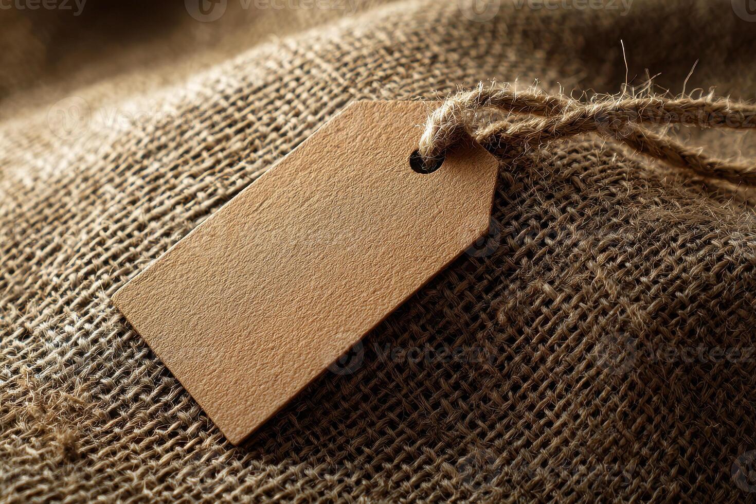 Close up of a brown paper tag resting on a burlap cloth, sitting atop a woven surface in a neutral and rustic setting., photo