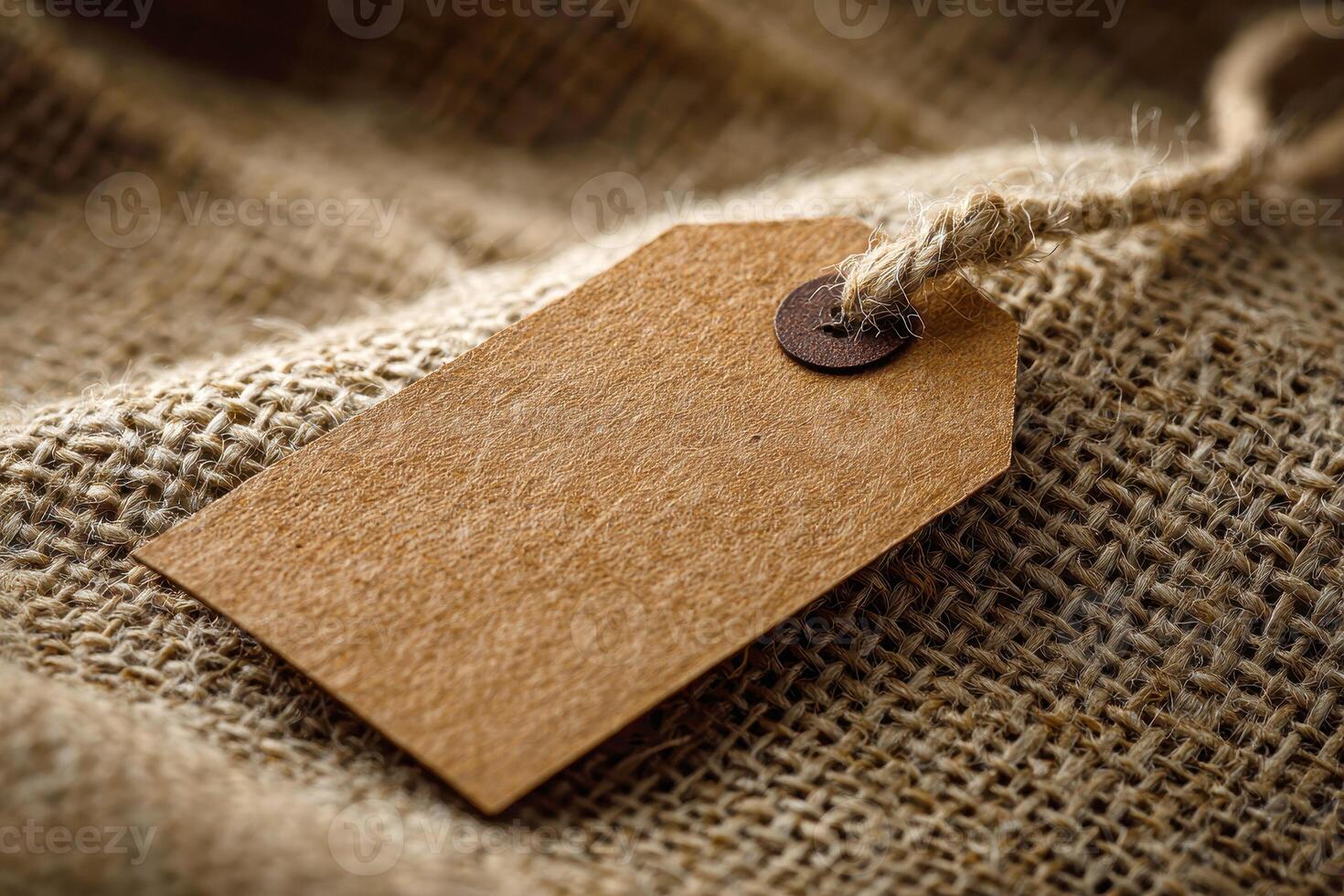 a brown paper tag resting on a burlap cloth, sitting atop a woven surface in a neutral and rustic setting, photo