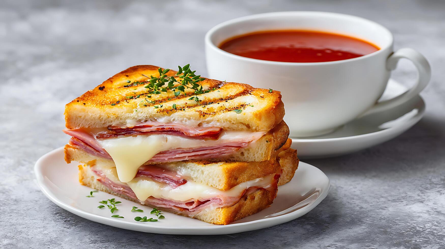 Ham and cheese sandwich with tomato soup on a white plate photo
