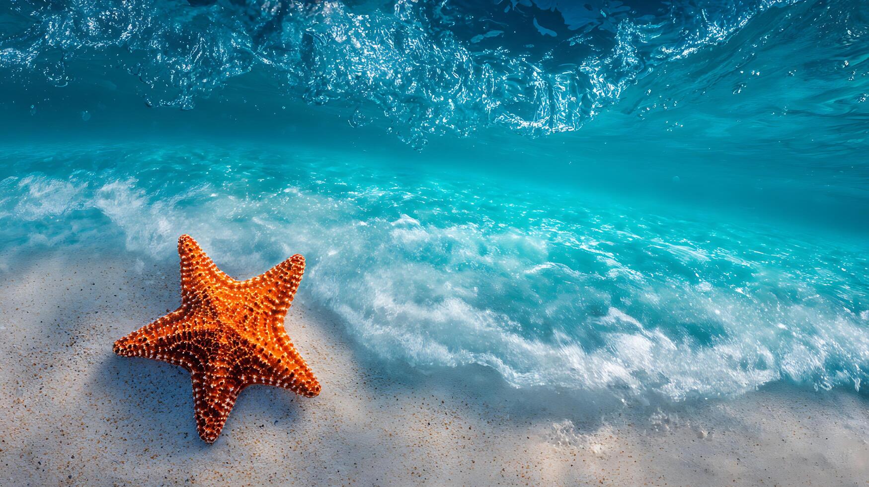 A starfish is sitting on the sand near the ocean photo