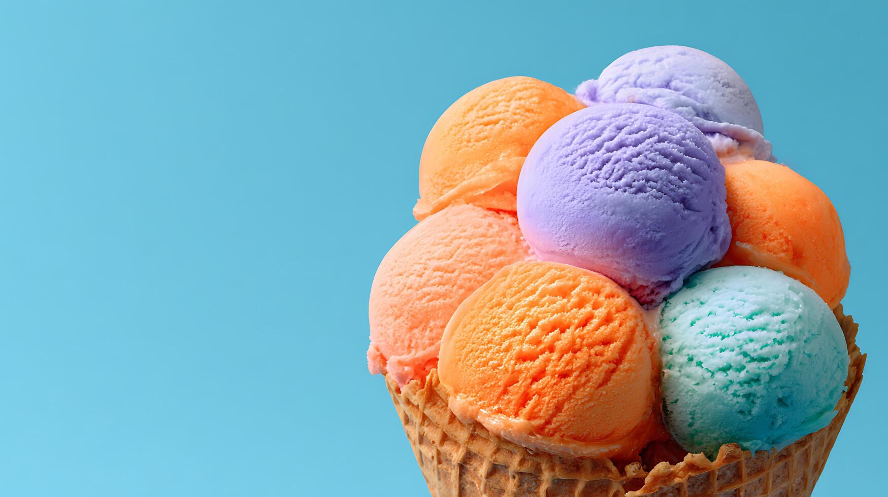 Colorful ice cream in waffle cone on blue background photo