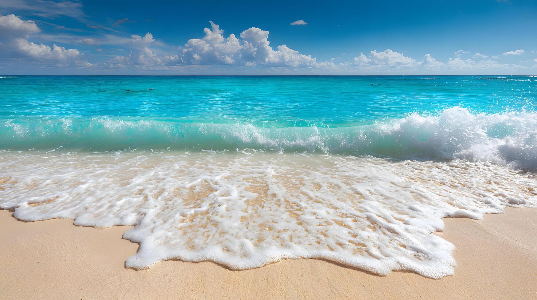 A beach with waves and a blue sky photo