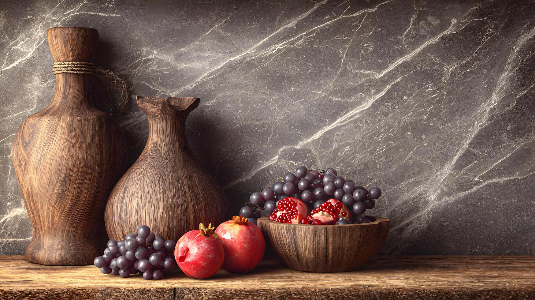 A wooden table with two vases and a bowl of fruit photo
