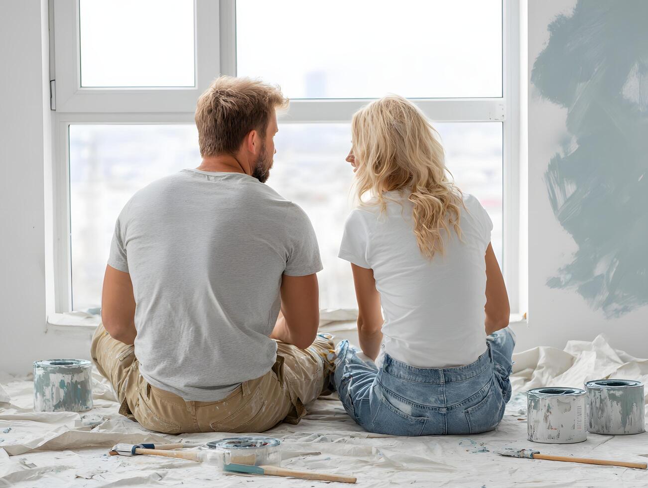 couple sitting on floor with paintbrushes and paint photo