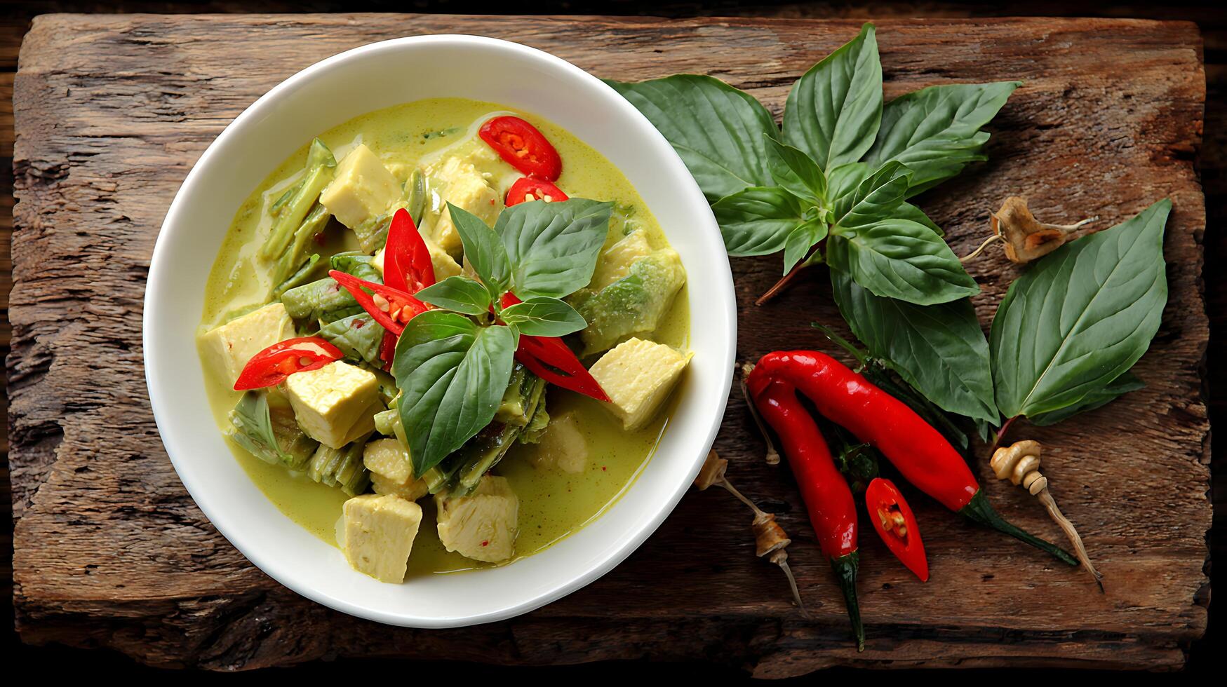A bowl of food with vegetables and a chili pepper photo