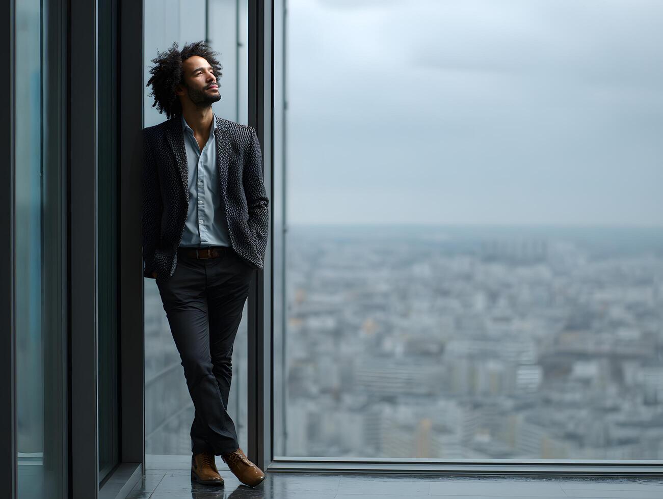 a man standing in front of a window looking out over a city photo