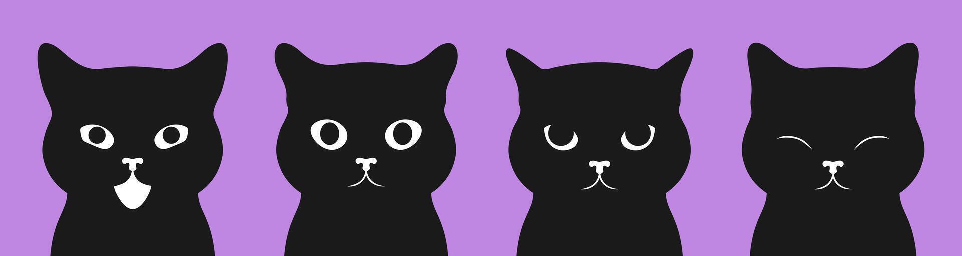 Black cat portraits set. Set of black cat faces with different emotions vector