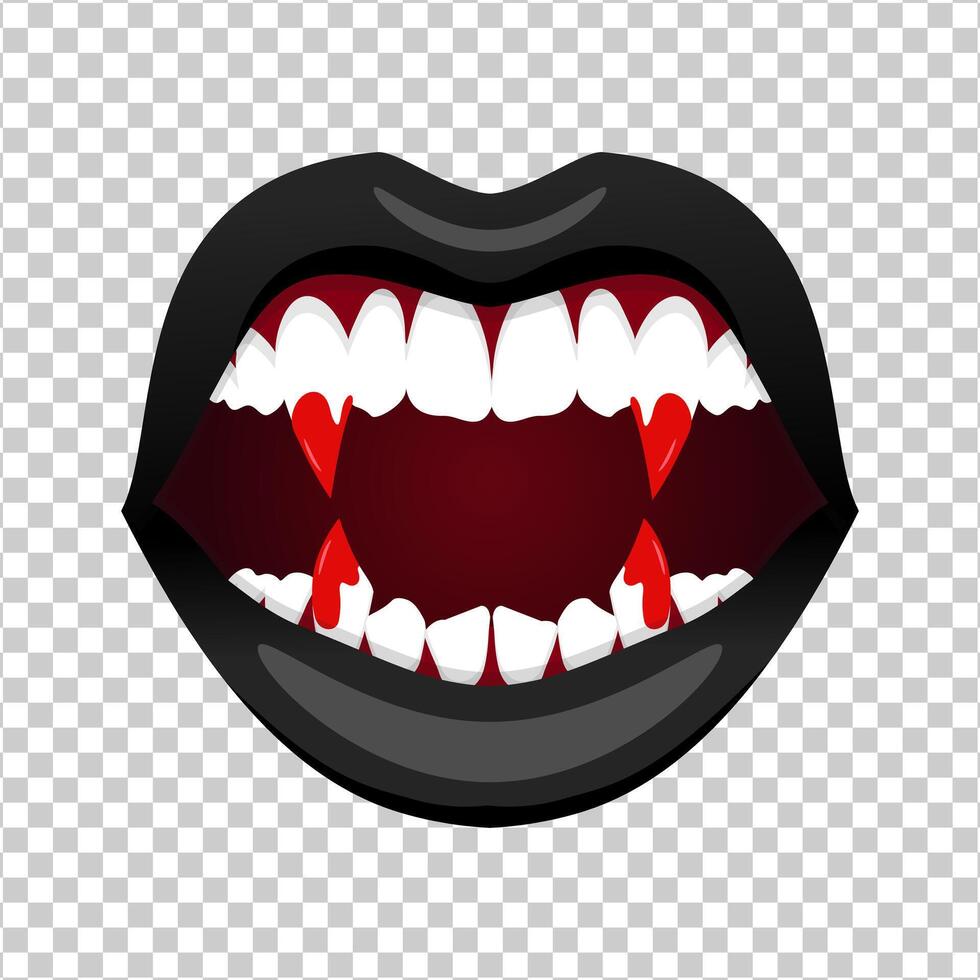 Monster woman evil lips with blood. Vampire female open mouth with long bloody fangs vector