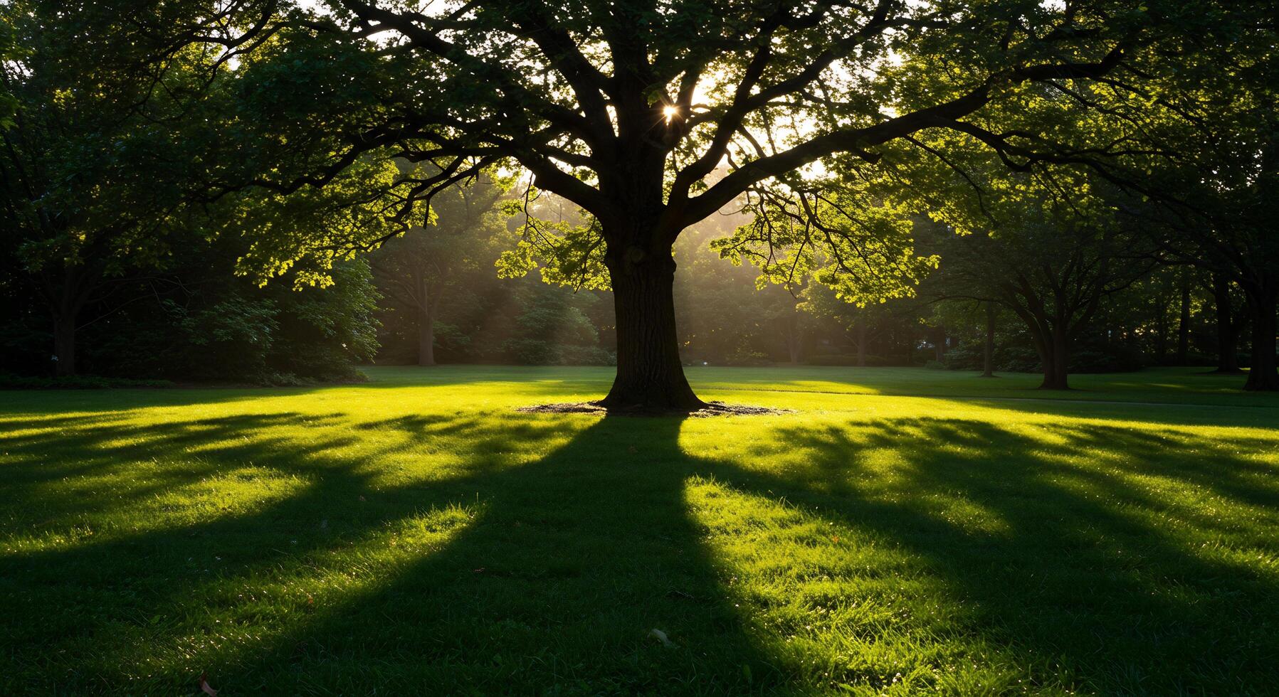 Majestic Oak Tree Stands Tall Casting Long Shadows Across Lush Green Grass In Golden Sunlight photo